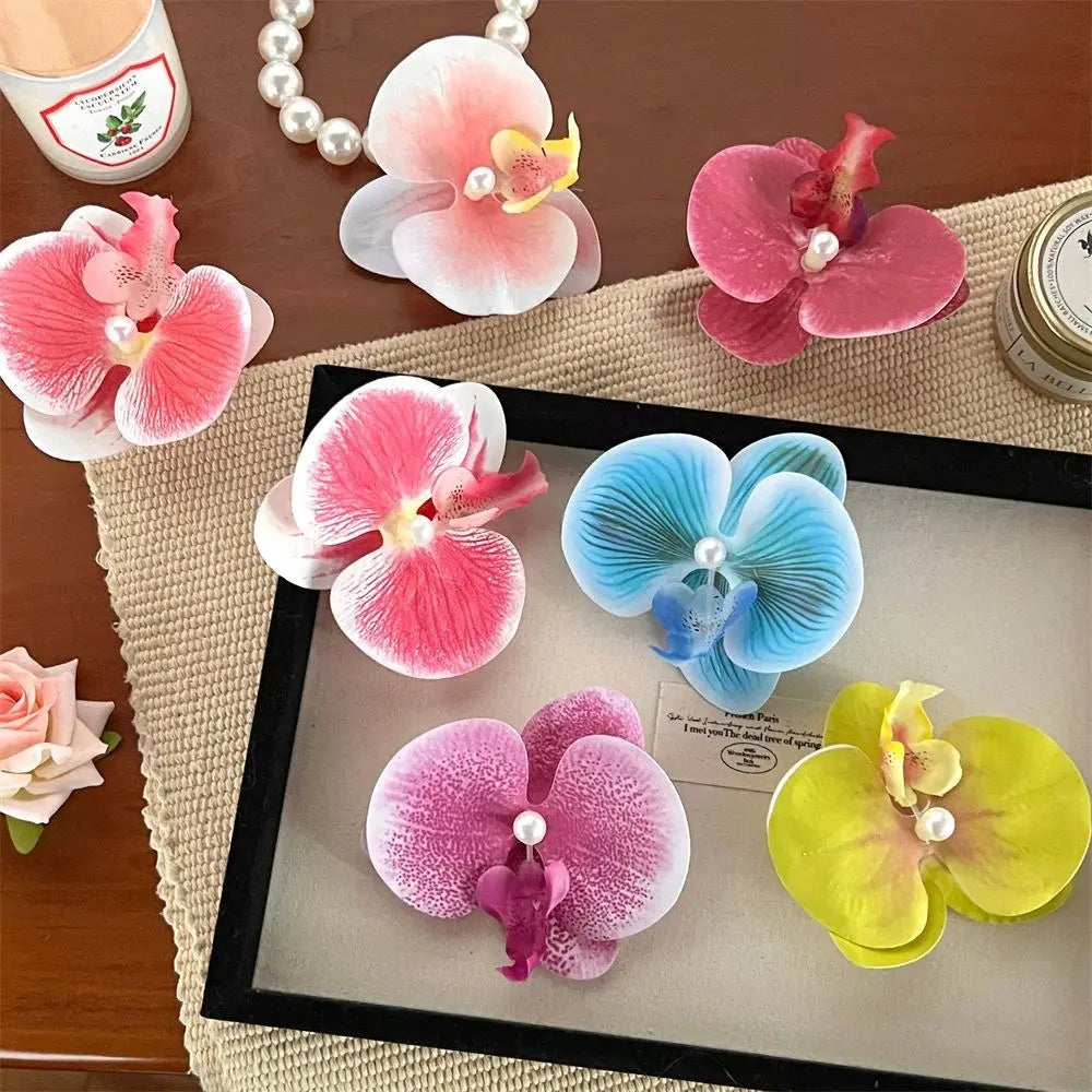 Simple Cloth Flower Hair Clip Butterfly Orchid Pearl Orchid Flower Hairpin Korean Style Bohemian Style Girl Hair Clip Seaside