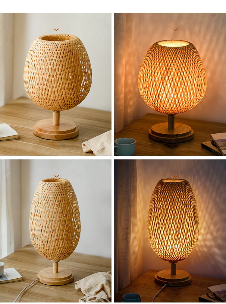 Dimmable Table Lamp, Rattan Bedside Lamp with Small Vintage Nightstand Light for Bedroom Living Room Desk Wooden Wicker Shade