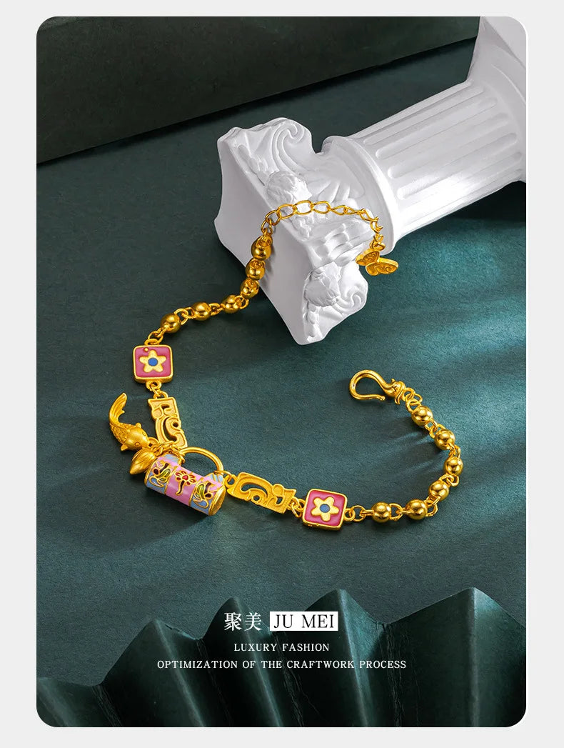 24K AU999 Gold 'Blossom Lock & Koi' Bracelet for Women - Floral Lock with Leaping Koi, High-Purity Gold, Lucky & Elegant