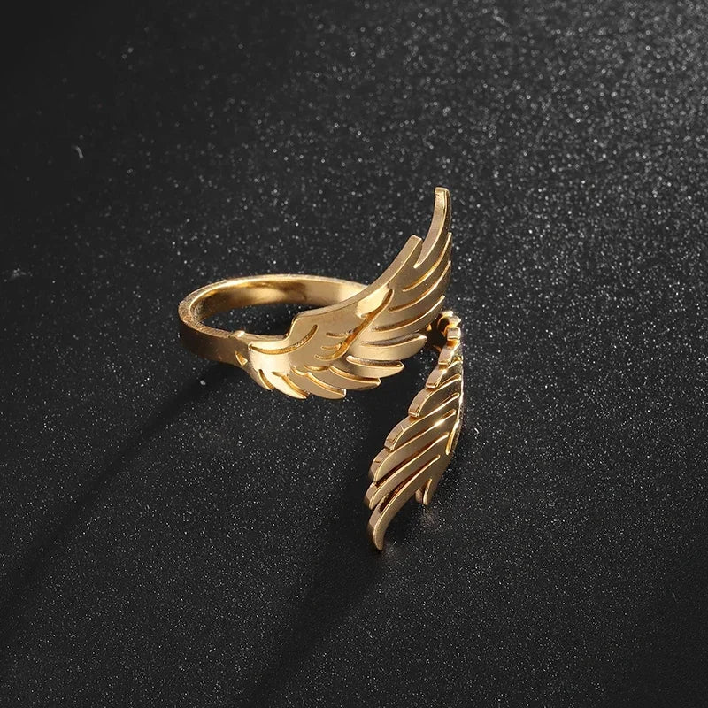 Stainless Steel Angel Wing Ring Open Adjustable Feather Ring for Men Women Couple Fashion Jewelry Anniversary Gift