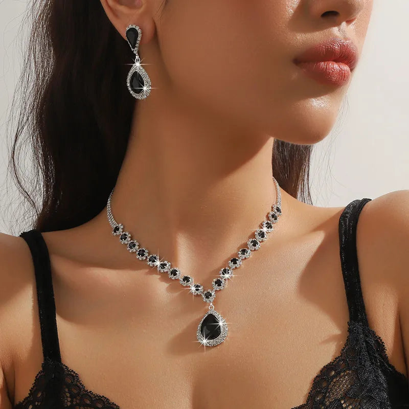 FYUAN Luxury Red Green Blue Crystal Necklace Earrings For Women Water Drop Pendant Wedding Bride Jewelry Sets