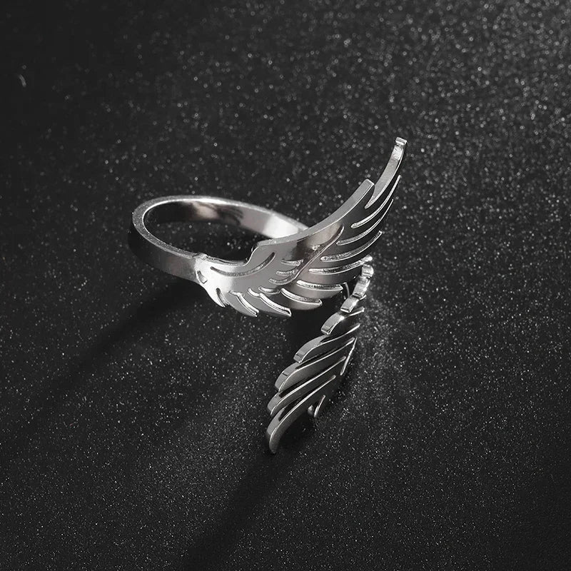 Stainless Steel Angel Wing Ring Open Adjustable Feather Ring for Men Women Couple Fashion Jewelry Anniversary Gift