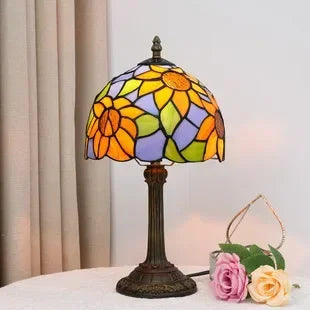 Stained Glass Table Lamp, Antique Green Tiffany Style Reading Light for Bedroom, Living Room and Office Decor Lampara Salon