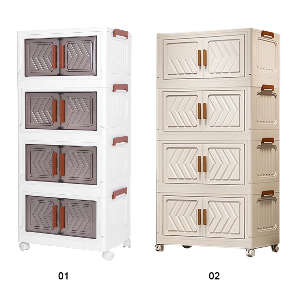 4 Tier Foldable Storage Bin With Doors & Wheels Folding Storage Selves Drawer PP+PET Stackable Organizer Box For Home Office