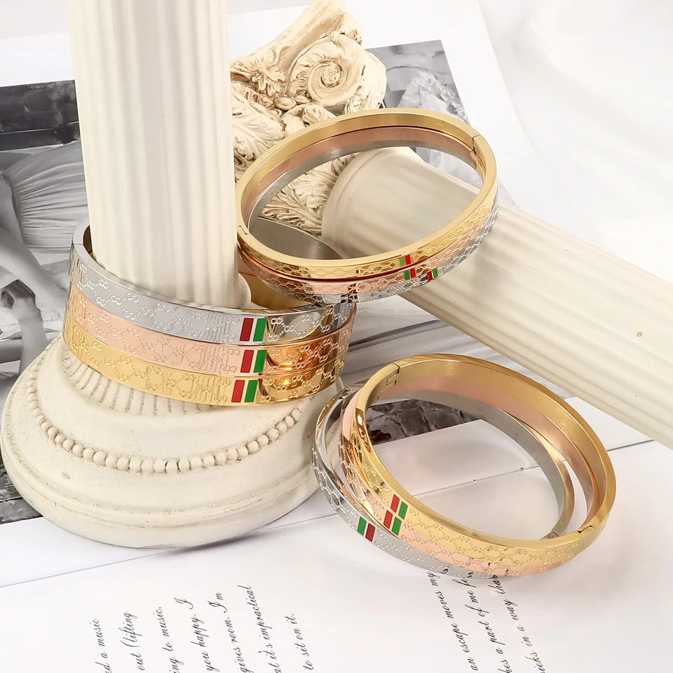 Trendy Bracelet for Women Red and Green Charm Stainless Steel Gold Color Jewelry Lover Bangle Luxury Wedding Female Gift