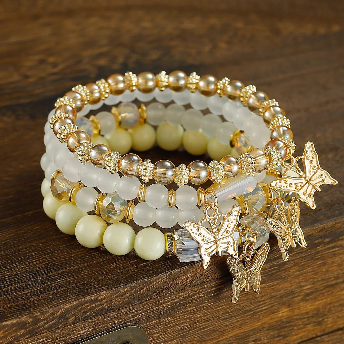 4pcs Trendy Butterfly Beaded Bracelet Set for Women Pink Acrylic Beads Elastic Chain Bangle Female Bohemian Party Jewelry Gift