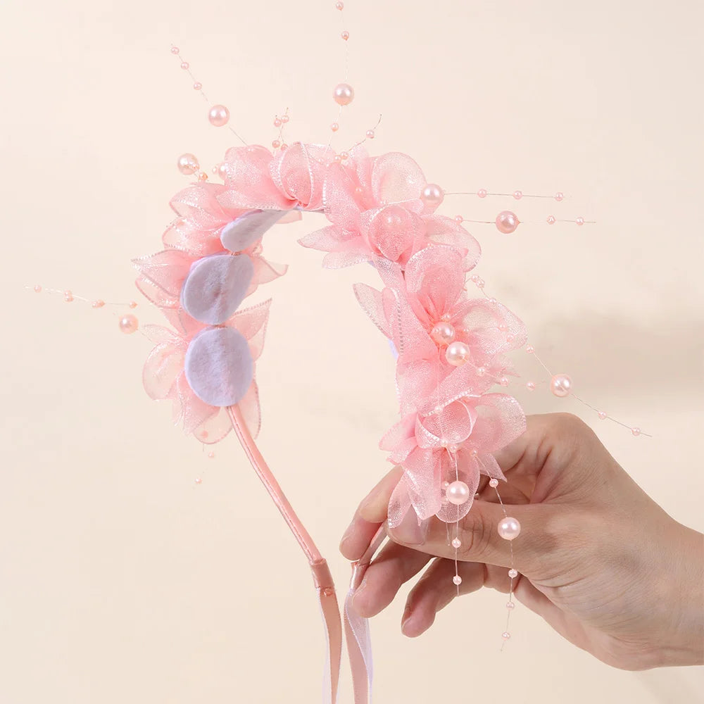 Fairy Flower Headband Sweet Lovely Girl Lace Floral Pearls Hair Hoop For Princess Wedding Birthday Headwear Accessories Gifts