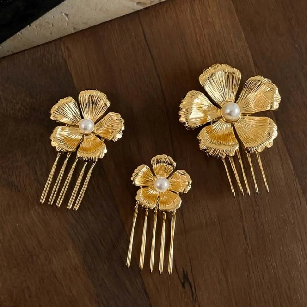 5pcs Elegant Golden Flower Hair Forks Hairstyle Tools French Style Pearl Side Clips Hair Accessories Retro Wave Alloy Barrettes