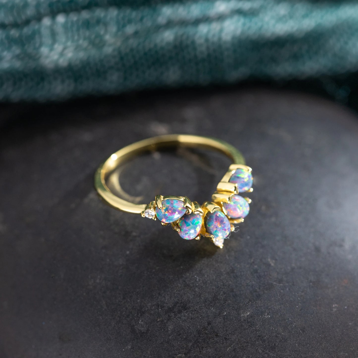Curved Opal & Diamond Wedding Band with Natural Gemstone
