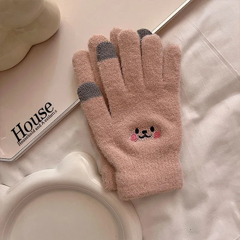 Women's Gloves Autumn Winter Cute Smile Gloves Five Fingers Solid Color Resistant Touch Screen Cotton Gloves Fashion Comfortable