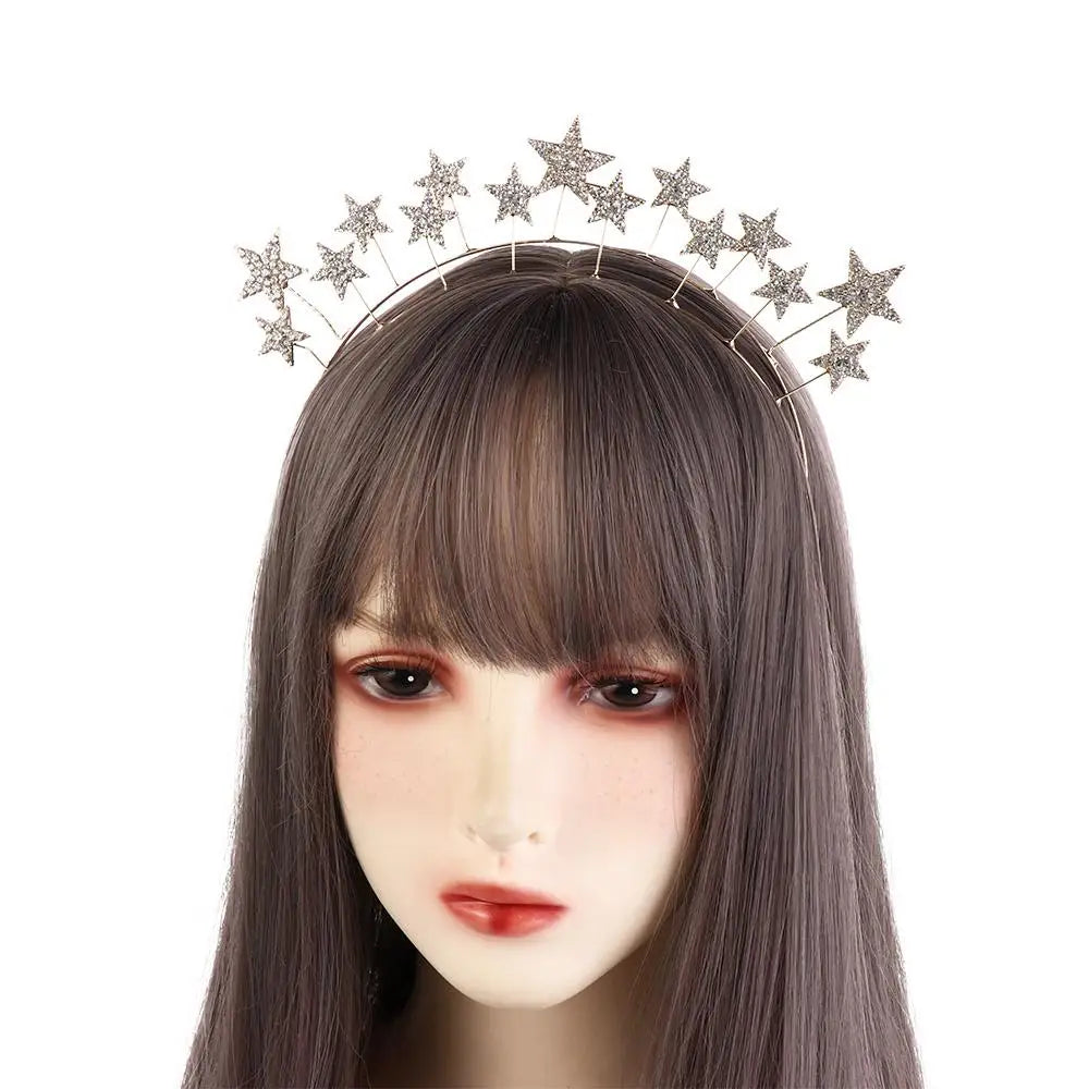 Fairy Metal Star Hair Hoop Princess Silver Halo Crown Rhinestone bilayer Baroque Hairbands Head Jewelry