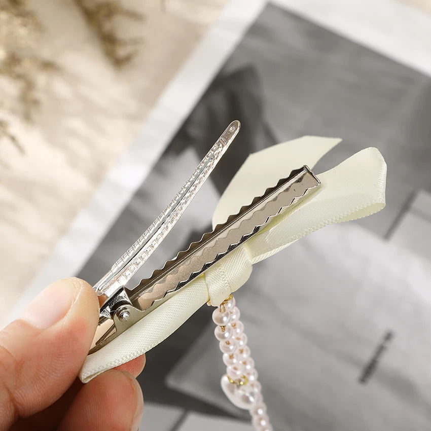 LEVAO Women's Sweet Double Bow Duckbill Clip Tiaras Pearl Chain Decorative Hairband Girls Fashion Hairpin Hair Accessories