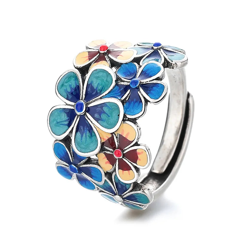 New Cloisonné Enamel Flowery Ring for Women with Atmospheric Retro Ethnic Style Opening Adjustable Creative Index Finger