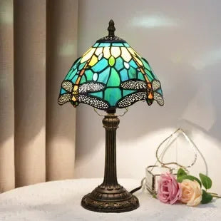 Stained Glass Table Lamp, Antique Green Tiffany Style Reading Light for Bedroom, Living Room and Office Decor Lampara Salon