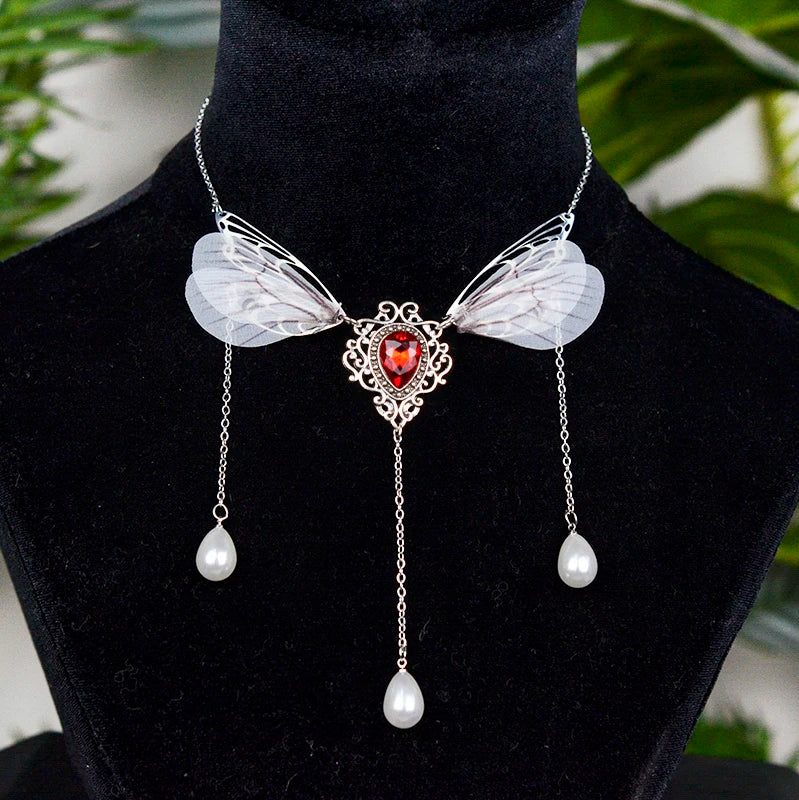 Witch Fairy Elves Butterfly Wings with Crystal Pendant Chain Necklace Forest Fairy Jewelry for women