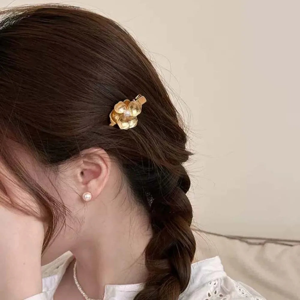 5pcs Elegant Golden Flower Hair Forks Hairstyle Tools French Style Pearl Side Clips Hair Accessories Retro Wave Alloy Barrettes