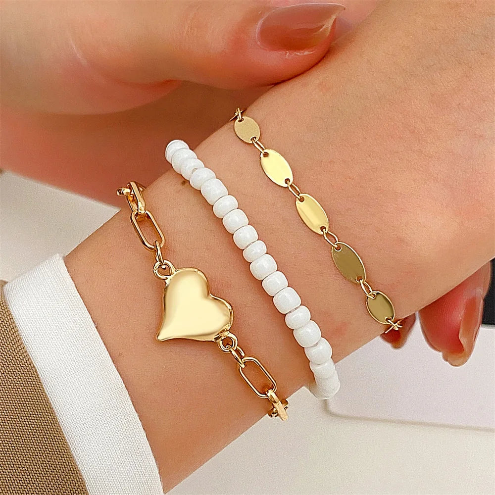 Trendy Heart Beads Friendship Bracelets for Women 3pcs Korean Fashion Multi Layered Love Bracelet Jewelry Accessories Gifts 2025