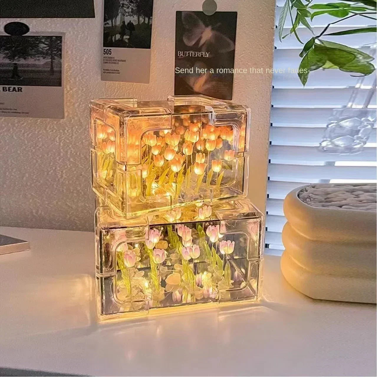 DIY Tulip Mirror Cube Lamp Flower Table Lamp Handmade Romantic Valentine's Day Lamp Tulips Home Decorations Gift for Girlfriend