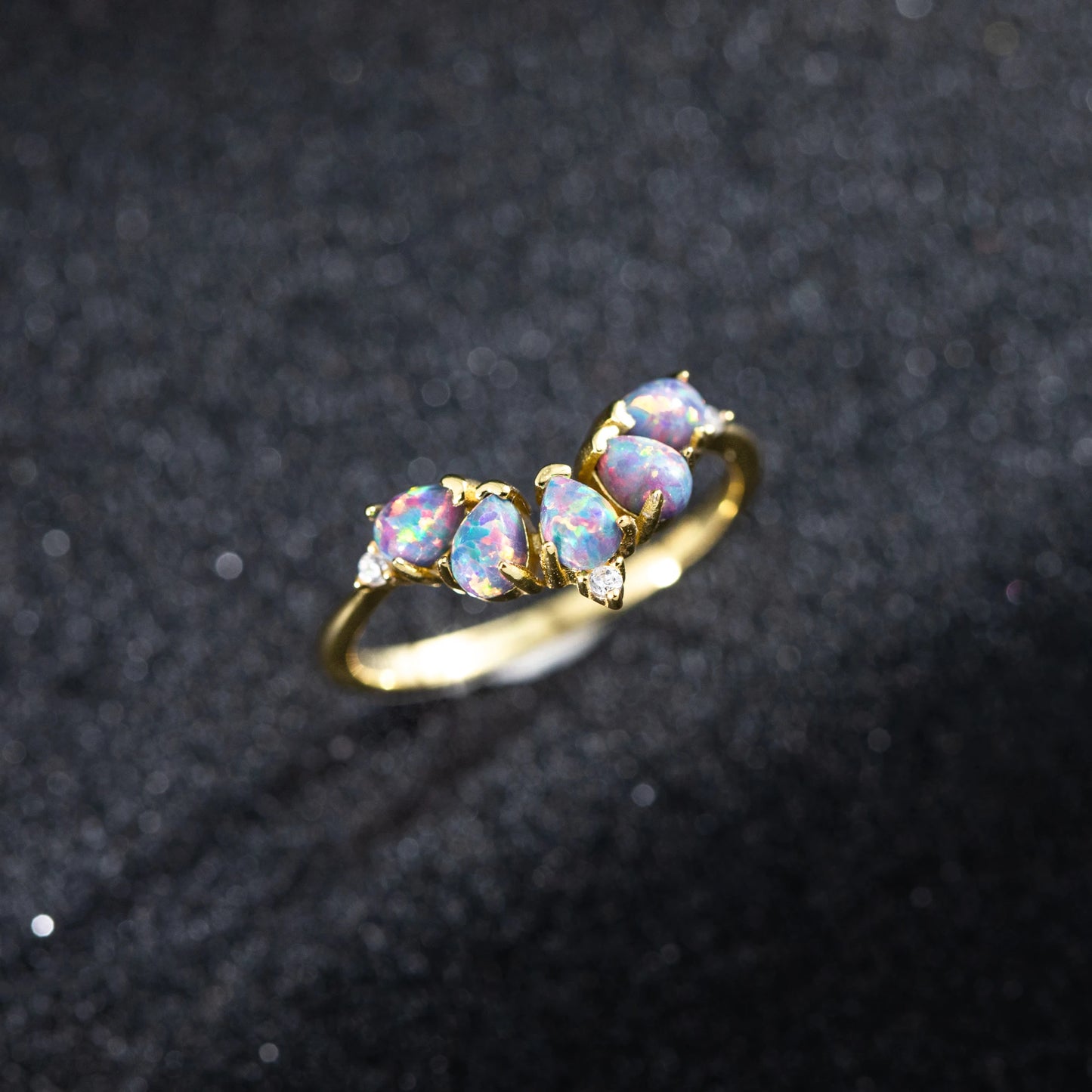 Curved Opal & Diamond Wedding Band with Natural Gemstone