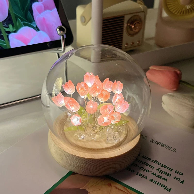 Artificial Tulip Flower Night Light Ornaments Handmade DIY Bedsides LED Night Lamp Bedroom Desk Decor Birthday Gifts Table Lamp