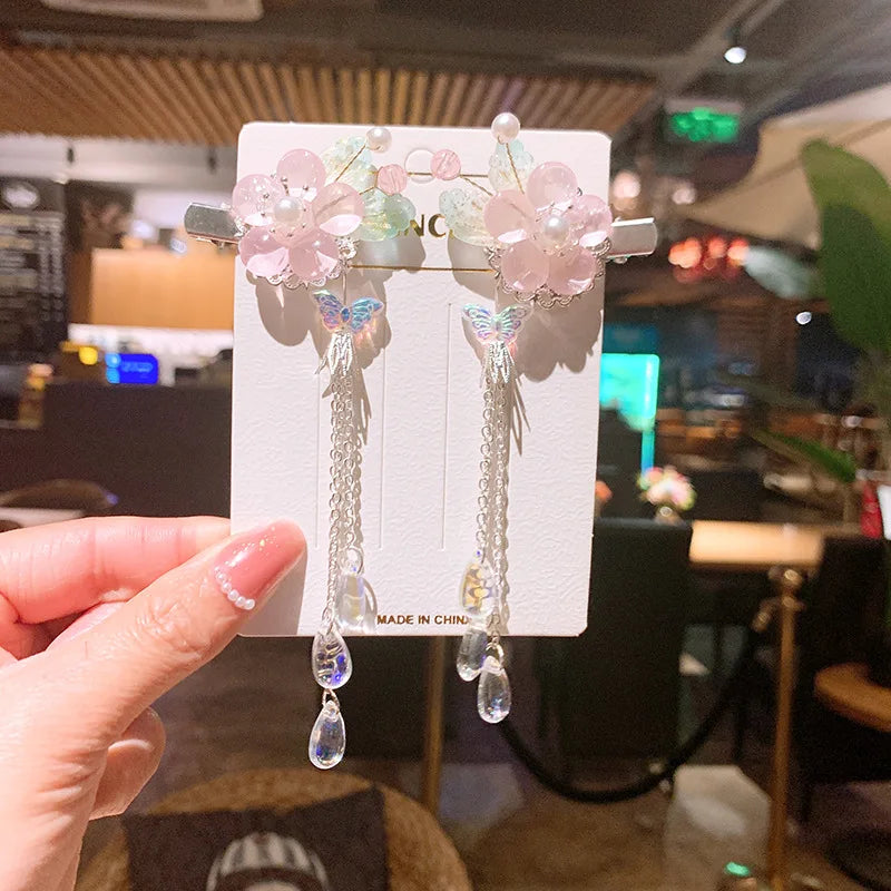 1pair Chinese Style flower Hairpin Cute Girl Candy Color Tassel Butterfly Hair Clip Retro Hanfu Barrettes Women's Hair Accessori