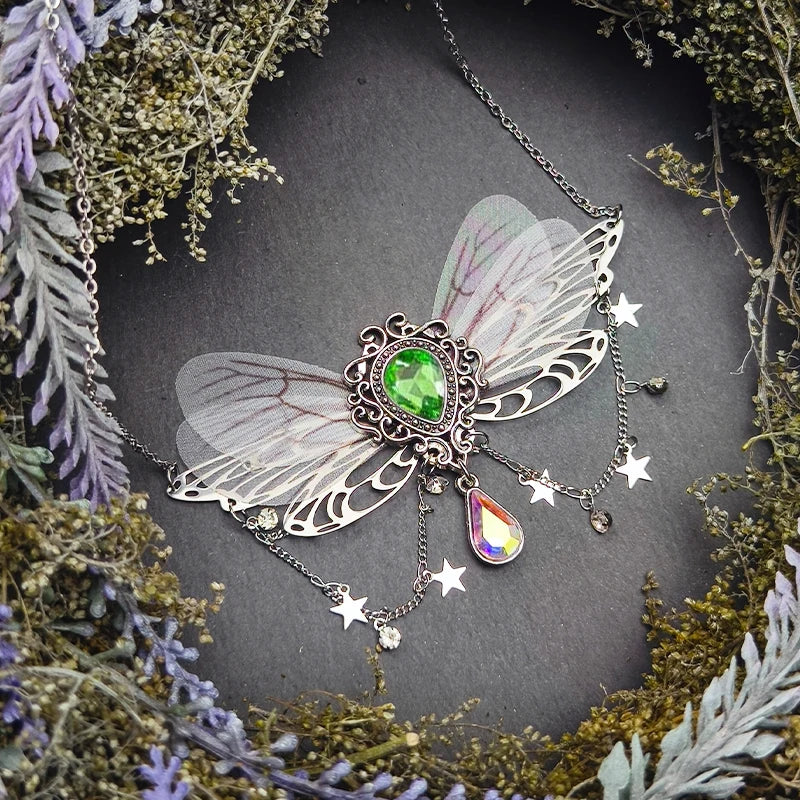 Witch Fairy Elves Butterfly Wings with Crystal Pendant Chain Necklace Forest Fairy Jewelry for women