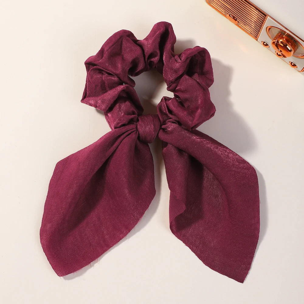 Fashion Vintage Solid Chiffon Velvet Bow Hair Ribbon Scrunchie for Women Girls Long Elastic Hair Tie Headwear Hair Accessories