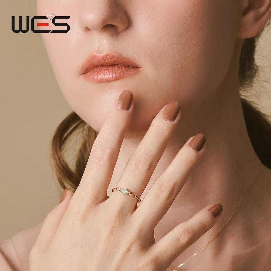 WES 925 Sterling Silver Vintage Oval Lab Opal Open Ring for Woman 10k Gold Plated Fine Jewelry Wholesale Engagement Gifts
