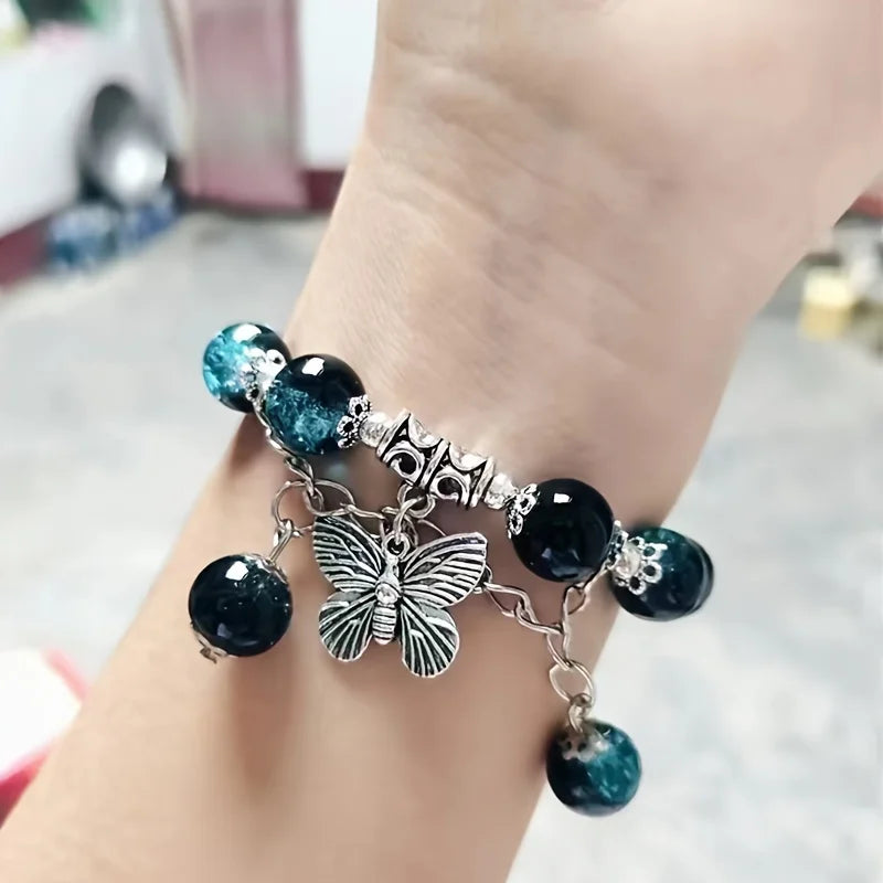 Fashion Design Gradient Crystal Beads Bracelet for Women Girls Vintage Butterfly Feather Maple Leaf Tassel Bracelet Jewelry Gift