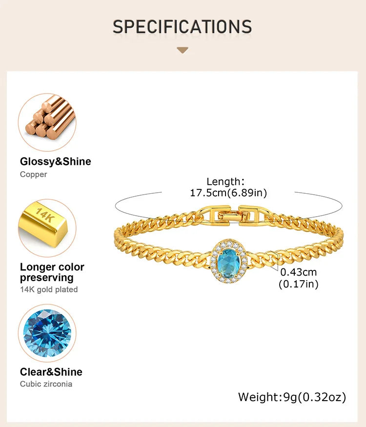 Bracelet for Women Gold Plated, Cuban Chain with Blue Cubic Zirconia Charms Wrist Jewelry for Her Gift