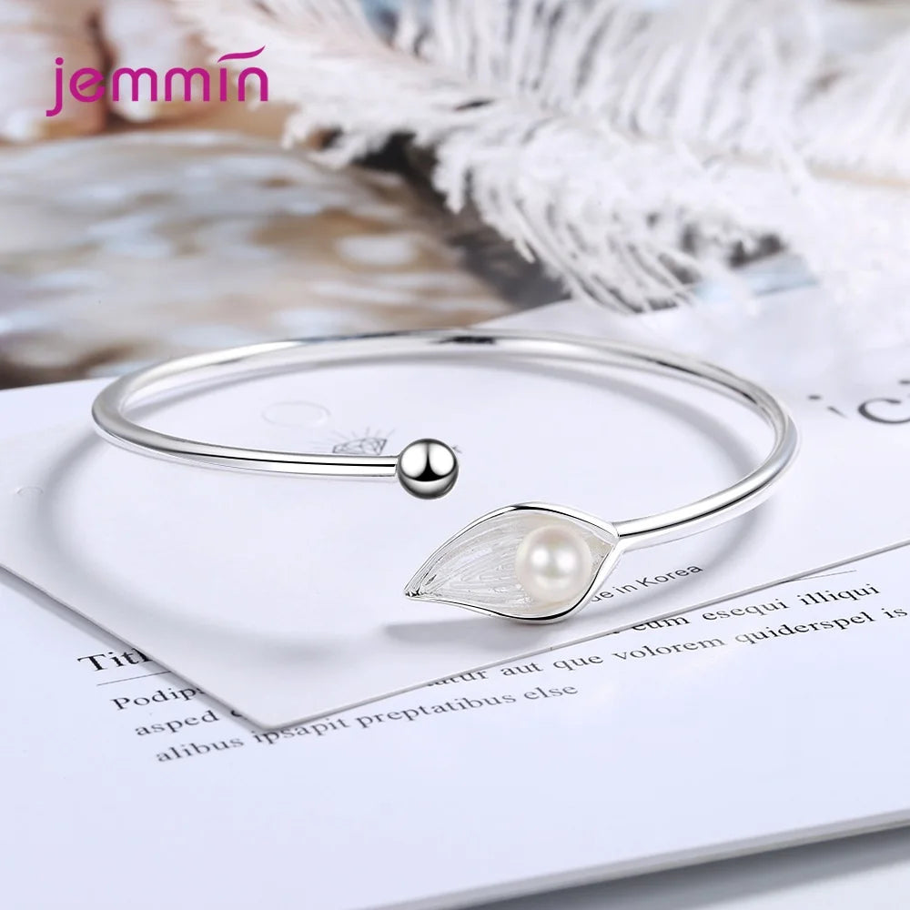 Fashion Cute Leaf And Pearls Chain Bracelets for Women 925 Sterling Silver Adjustbale Cuff Bracelet Bangle Jewelry