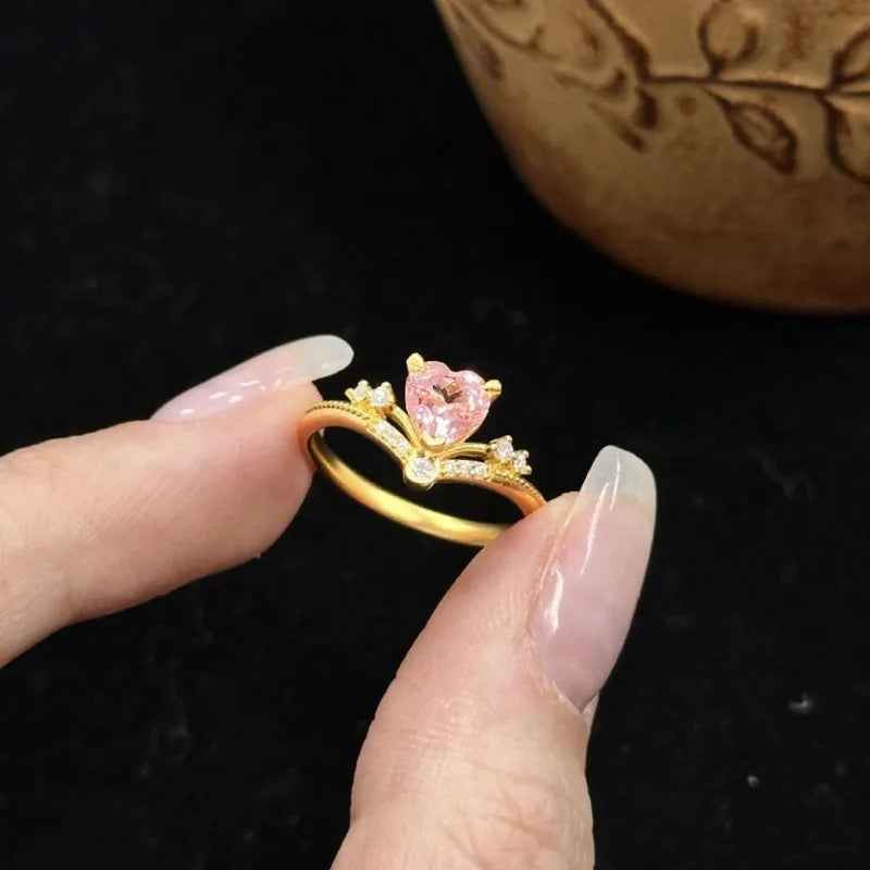 Fairy Wind Powder Love Crown Ring Exquisite Zircon Jewelry Versatile Light Luxury High-end Jewelry Temperament Commute