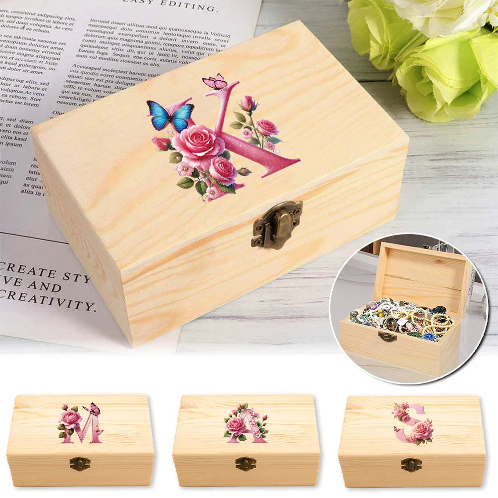 Wooden Storage Box With Hinged Lid Durable Multifunctional Case Crafts Jewelry Boxes For Household Pink Butterfly Letter Pattern