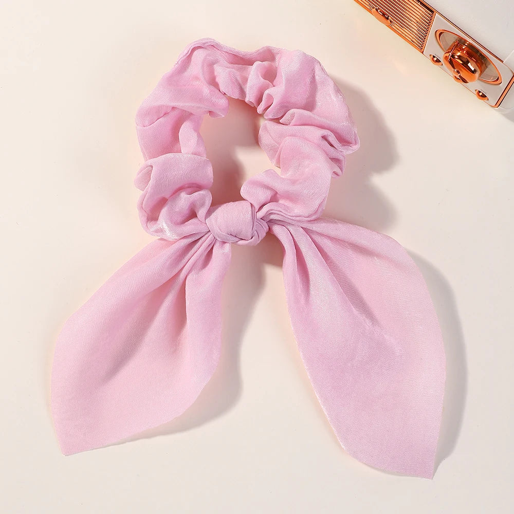 Fashion Vintage Solid Chiffon Velvet Bow Hair Ribbon Scrunchie for Women Girls Long Elastic Hair Tie Headwear Hair Accessories