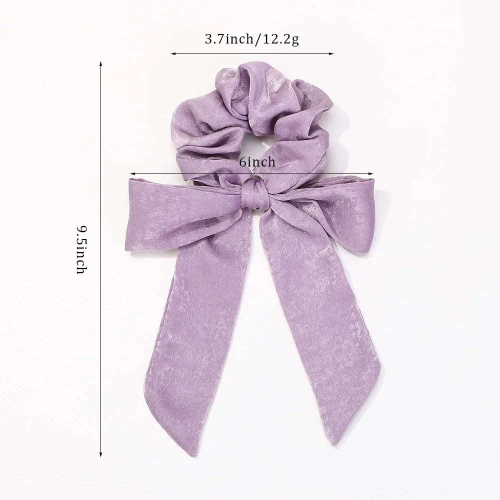 Fashion Vintage Solid Chiffon Velvet Bow Hair Ribbon Scrunchie for Women Girls Long Elastic Hair Tie Headwear Hair Accessories