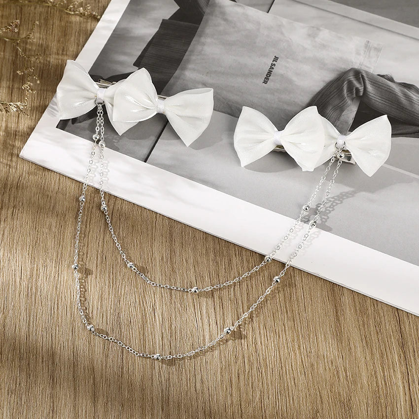 LEVAO Women's Sweet Double Bow Duckbill Clip Tiaras Pearl Chain Decorative Hairband Girls Fashion Hairpin Hair Accessories