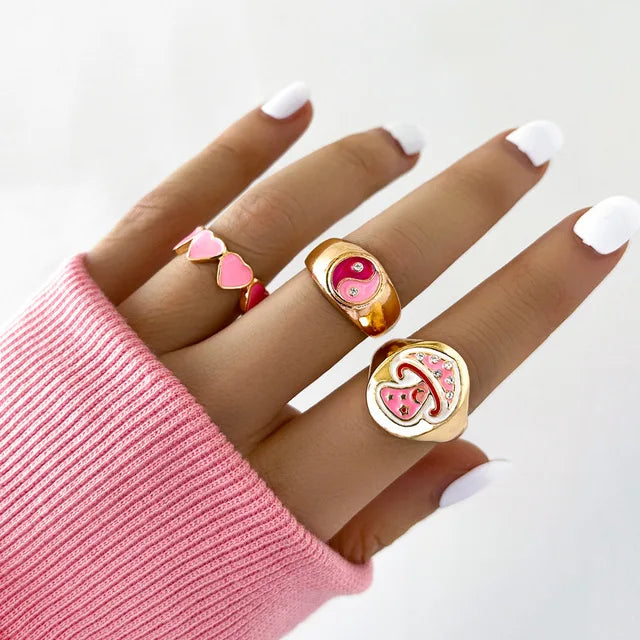 Pink Enamel Butterfly Ring Gold Finished Set For Women Crystal Enamel