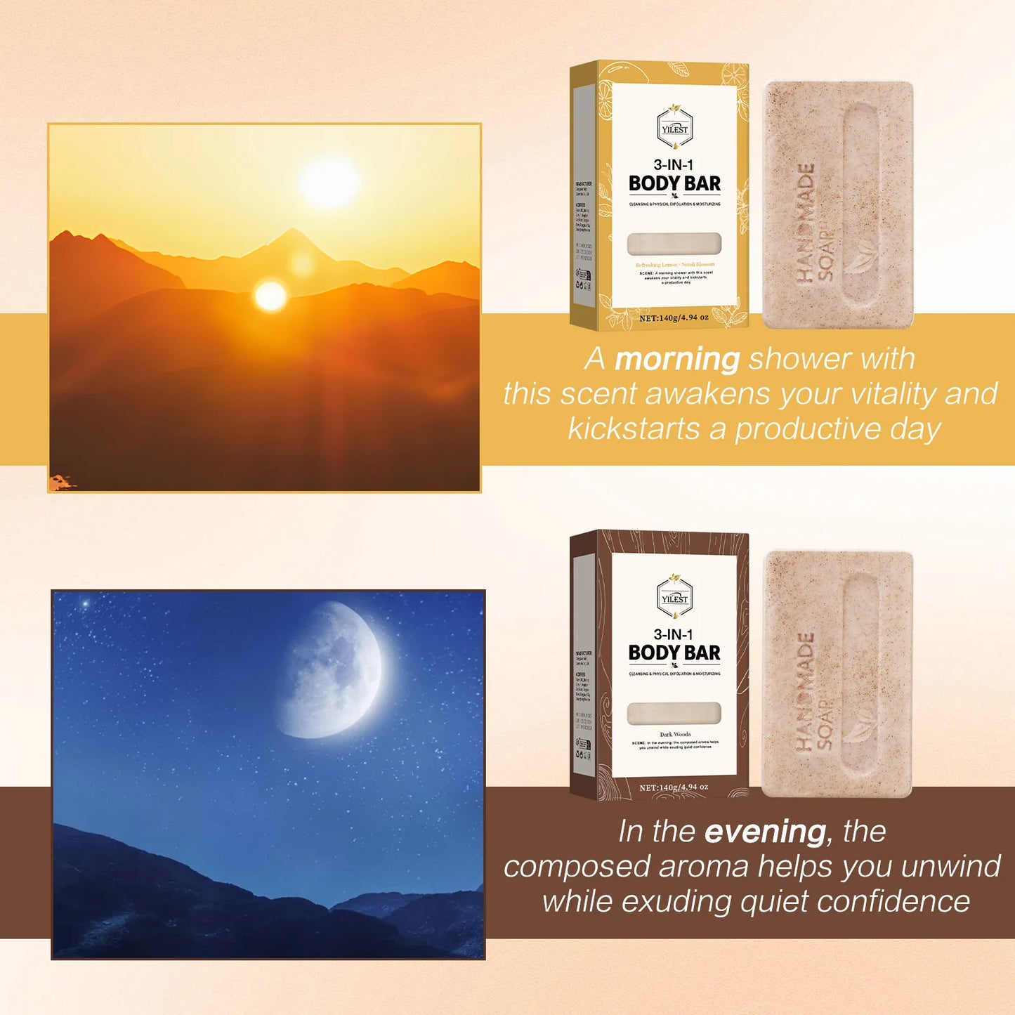 140g 3-IN-1 Men's Body Bar (Sandalwood/Lemon Citrus Scent) -Exfoliating Moisturizing, Long-Lasting Fragrance Handmade Soap
