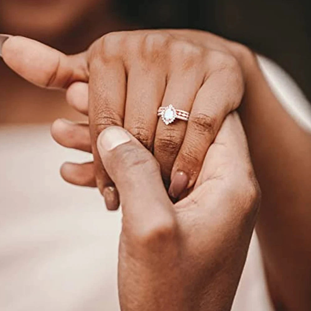 Trumium 3Pcs Rose Gold Color Stackable Rings 1.5CT Oval Bridal Ring Sets Opal Knuckle Ring Engagement CZ Wedding Band for Women