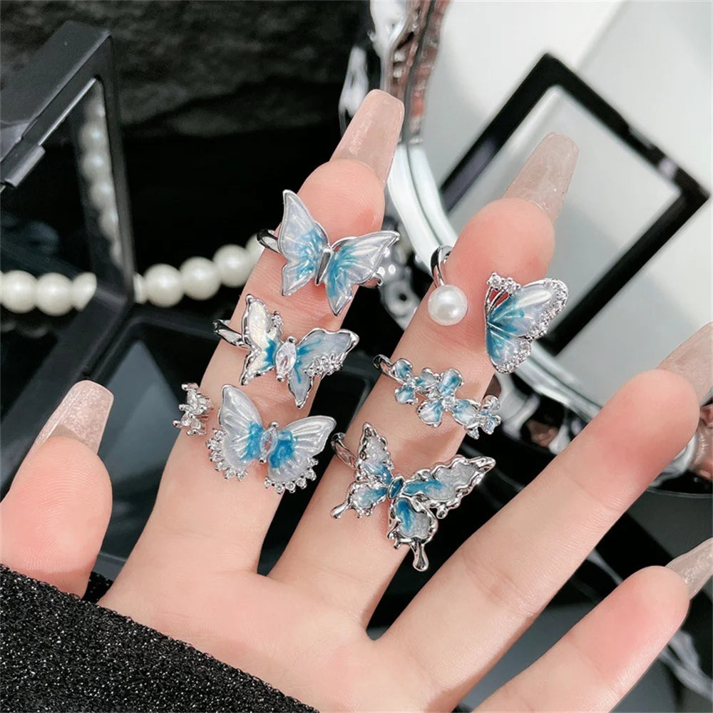 Exquisite Ice Blue Butterfly Open Ring, Fashionable Women's Simple Style Jewelry