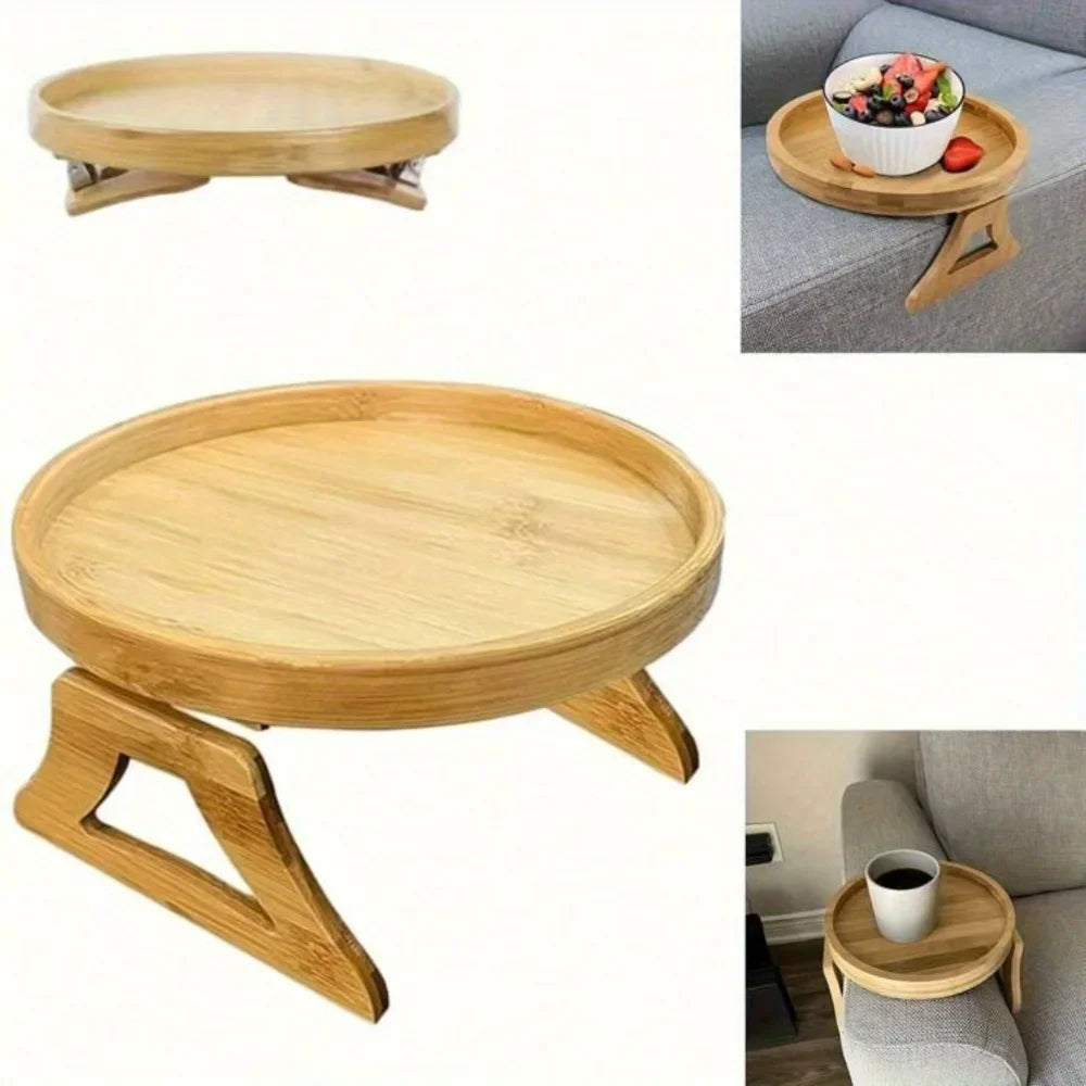 2025 Wooden Sofa Armrest Tray Circular Clip on Breakfast Tray Home Use Foldable Sofa Side Table Snack Integrated Storage Tray