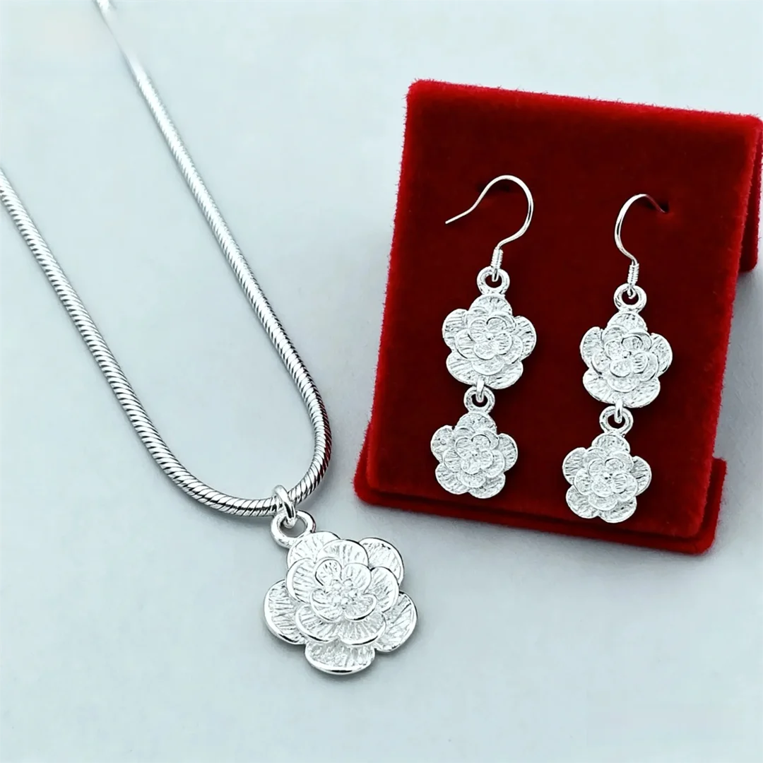 New luxury 925 sterling Silver unique Rose flower necklace earrings for woman Fashion niche designer Jewelry sets party gifts