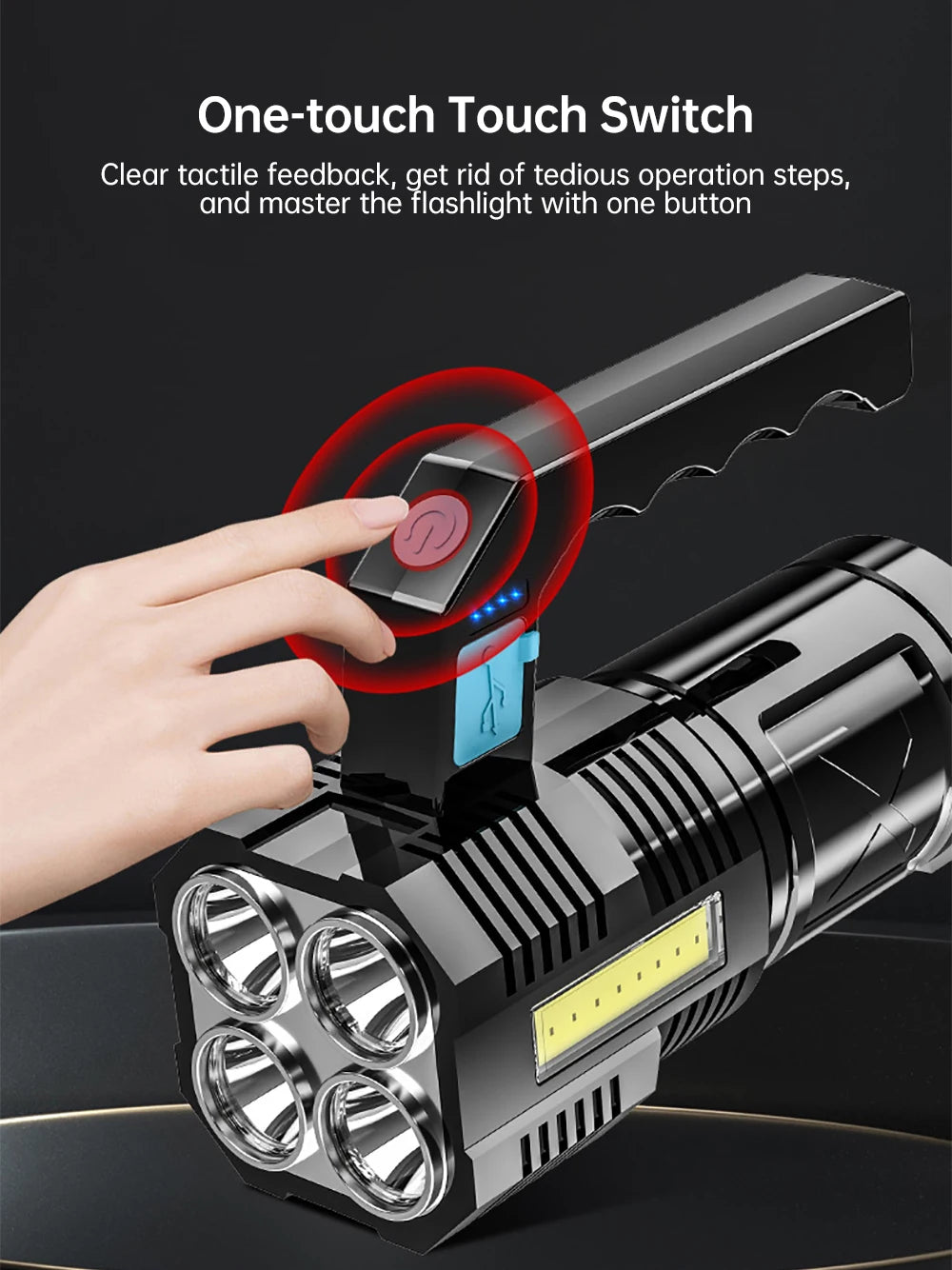Powerful LED Flashlight Super Bright USB Rechargeable COB 4 LED Handheld Lantern Camping Portable Torch Light