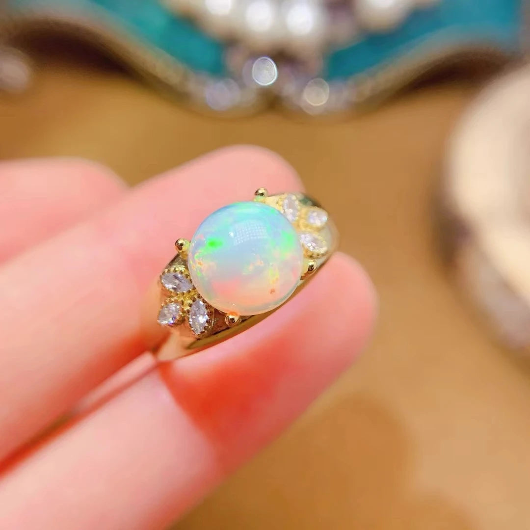 Luxury Australian Opal Ring 9mm 2ct Natural Opal 925 Silver Ring with 18K Gold Filled