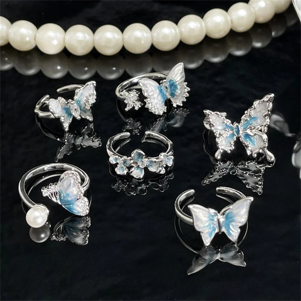 Exquisite Ice Blue Butterfly Open Ring, Fashionable Women's Simple Style Jewelry