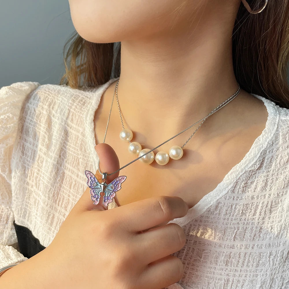 Fairytopia Mermaidia Enamel Butterfly Necklace For Women Thai Pop Imitation Pearl Necklace Multilayer Jewelry