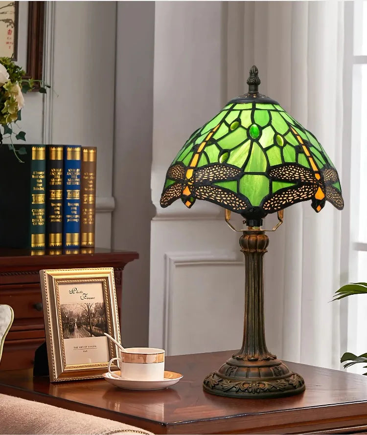 Stained Glass Table Lamp, Antique Green Tiffany Style Reading Light for Bedroom, Living Room and Office Decor Lampara Salon