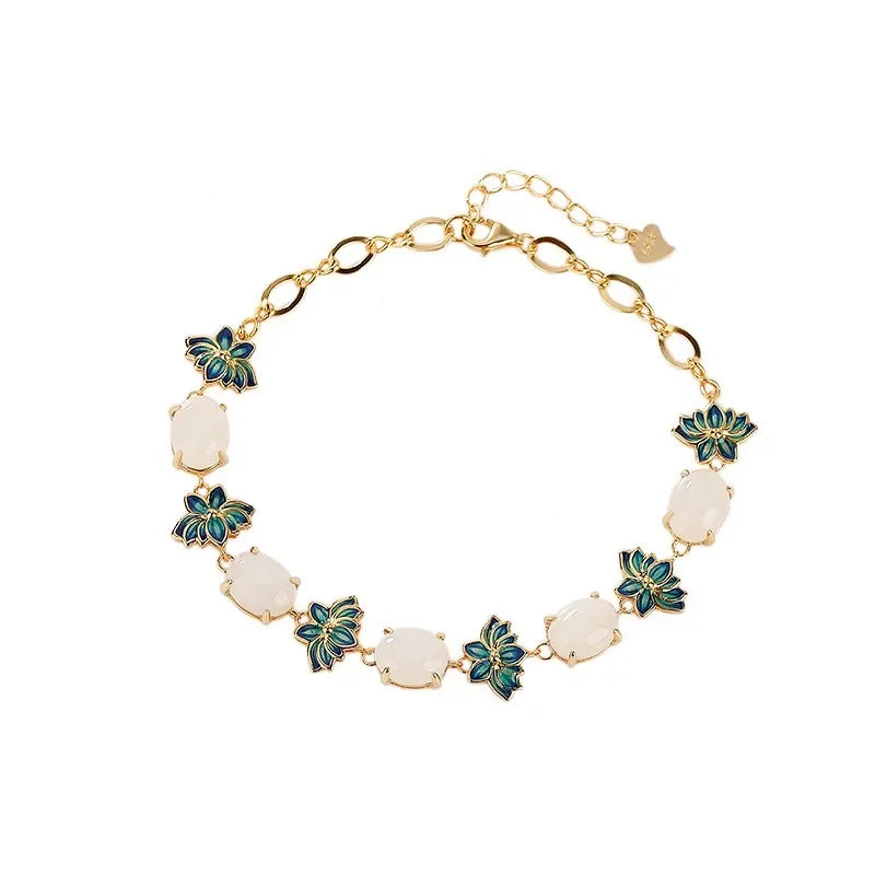Natural Hotan Jade Charms Enamel Lotus Flower Bracelet for Women New in Chinese Vintage Ancient Gold Craft Bangles Jewelry