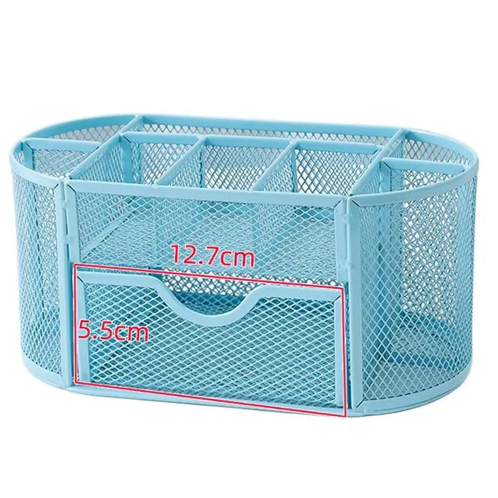 Office School Supplies With Drawer 9-Grid Storage Desk Organizer Stationery Container Metal Mesh Pen Holder