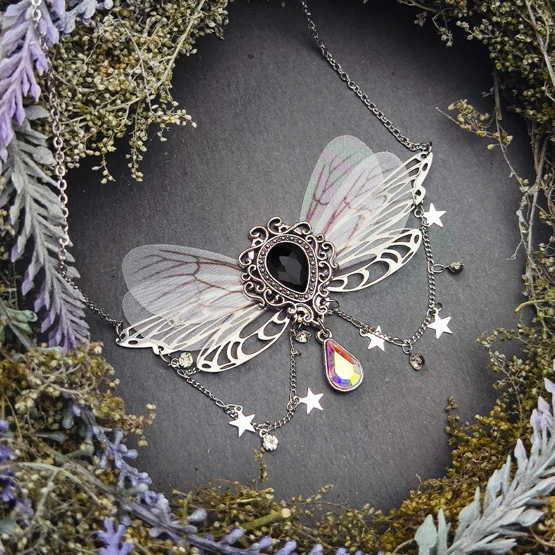 Witch Fairy Elves Butterfly Wings with Crystal Pendant Chain Necklace Forest Fairy Jewelry for women